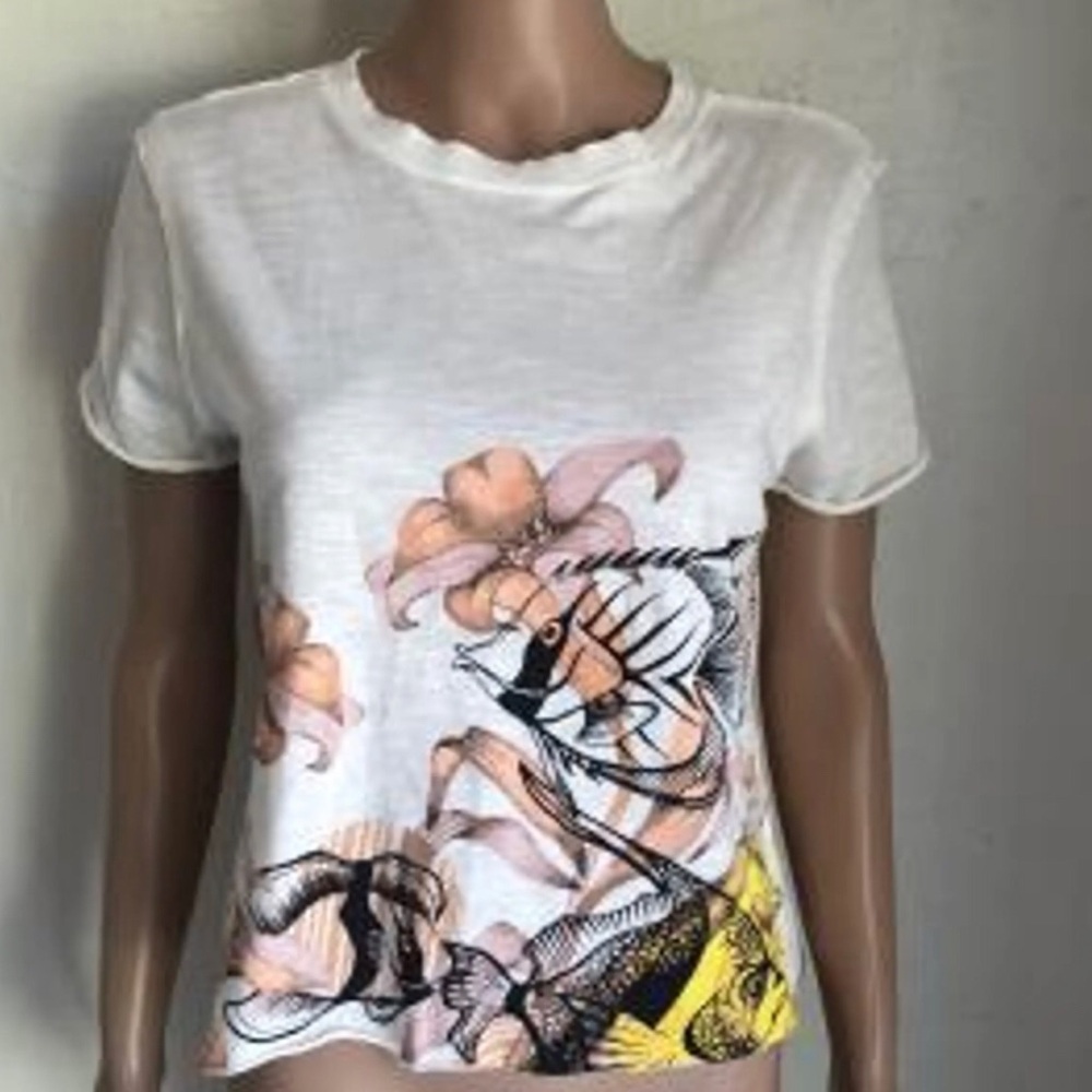 Anthropologie White Pink Floral & Yellow Fish Graphic Tee Casual Women’s Size S